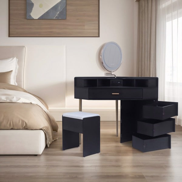 Black Dressing Table Stool Set, Movable Mirror, Tri Color Illuminated Mirror, Four Drawers, With Socket