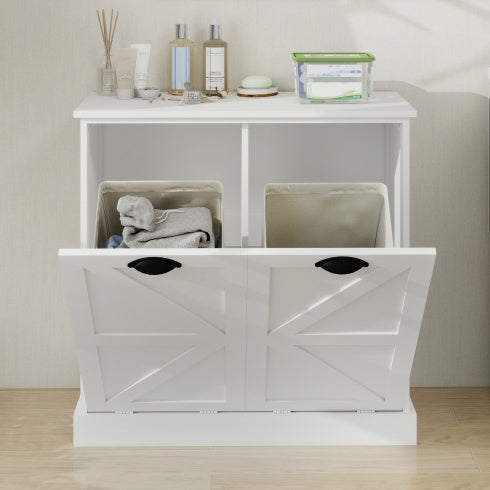 Two-Compartment Tilt-Out Laundry Sorter Cabinet-White