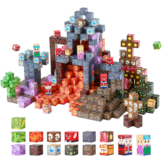 Colorful building block set with various designs on a white background