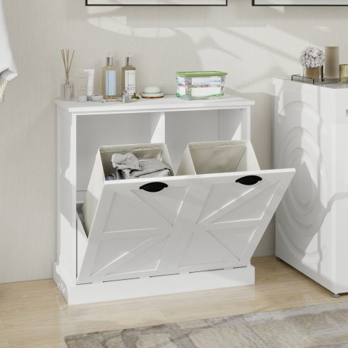 Two-Compartment Tilt-Out Laundry Sorter Cabinet-White