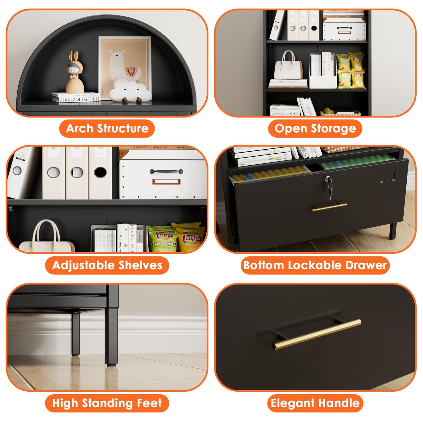 Metal Arched Household Storage Cabinet In Black And White Color