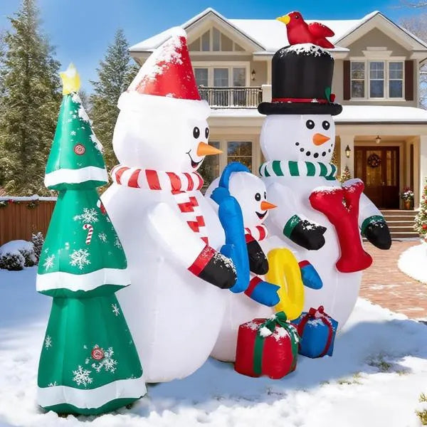 8FT Lighted Christmas Inflatable Decoration, Inflatable Snowman Family With JOY And Xmas Tree, Funny Blow Up Yard Decorations With Built-in LED Lights For Holiday Party Front Yard Lawn Garden Decor