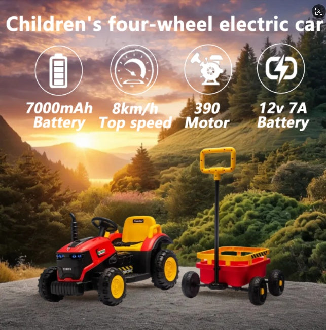 Kids Electric Ride On Tractor With Trailer, 12V Powered Children's Farm Tractor Toy Car With LED Lights, Music, PP Material, For 3-6 Years Old