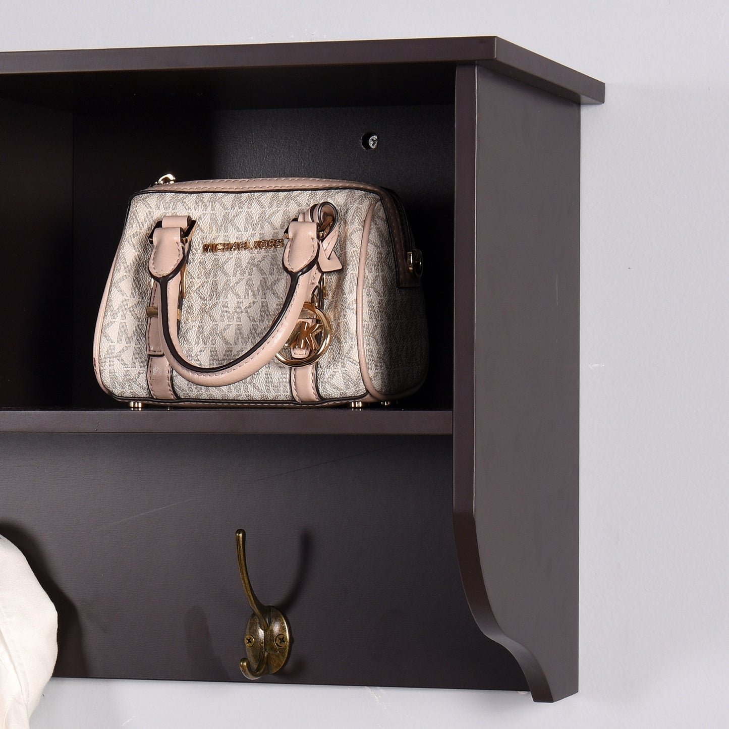 Espresso Wall Mounted Coat Rack With 4 Dual Hooks & Storage Shelf For Entryway