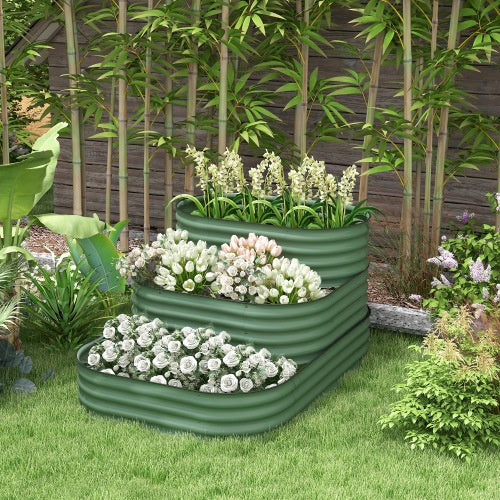 Outsunny 3-Tier Galvanized Steel Raised Garden Bed Kit, 62.25 X 43 X 32.25, 3 Combining Planter Boxes With Rubber Strip Edging, Open Bottom For Backyard, Garden, Patio, Green
