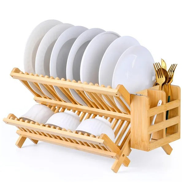 Collapsible 2-Tier Bamboo Dish Drying Rack Foldable Wooden Dish Drainer With Utensil Holder, Space-Saving Dish Rack For Kitchen Countertop