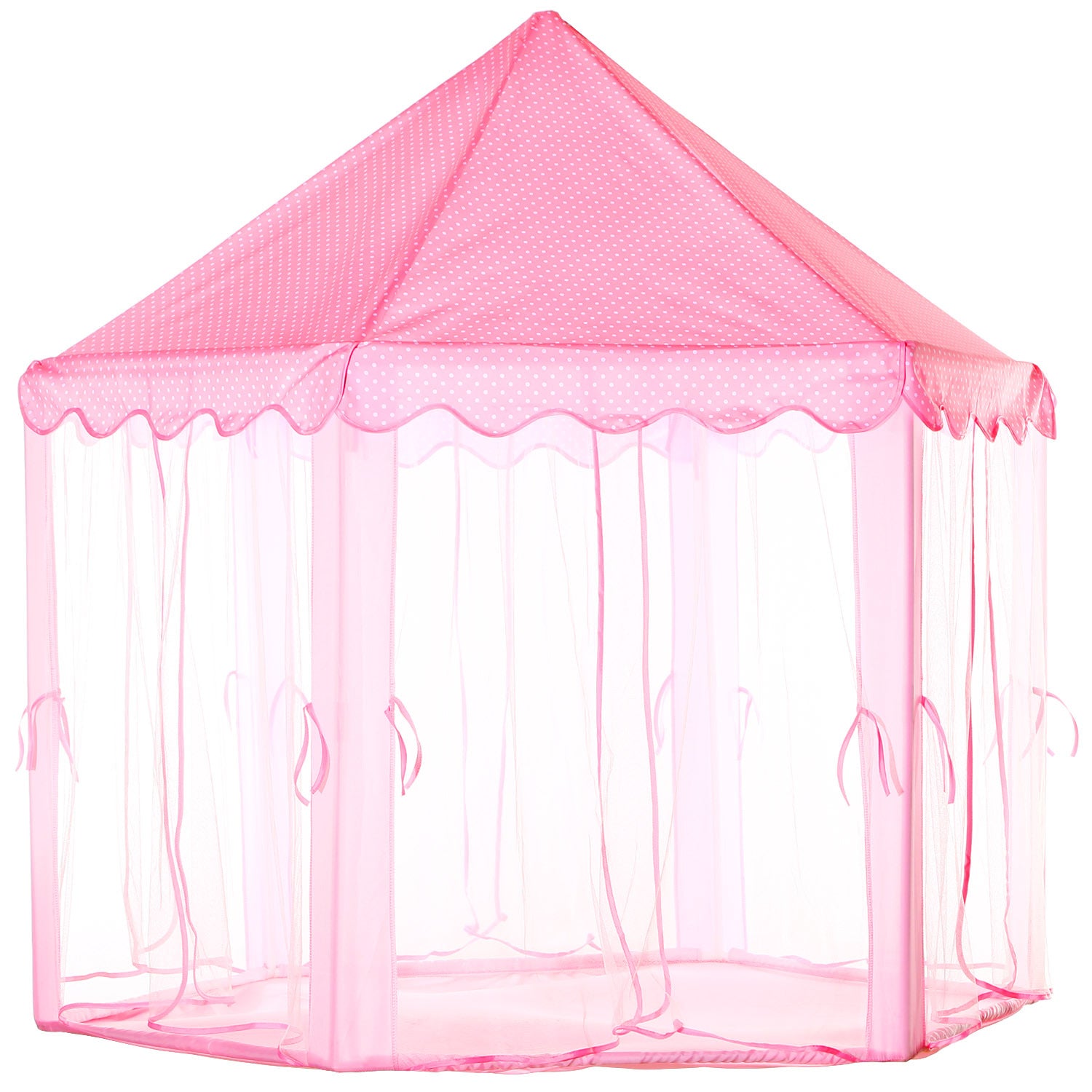 Pink children's play tent with a scalloped edge on a white background
