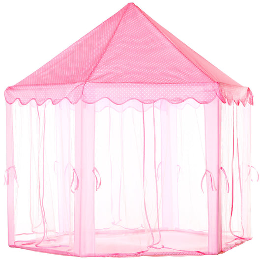 Pink children's play tent with a scalloped edge on a white background