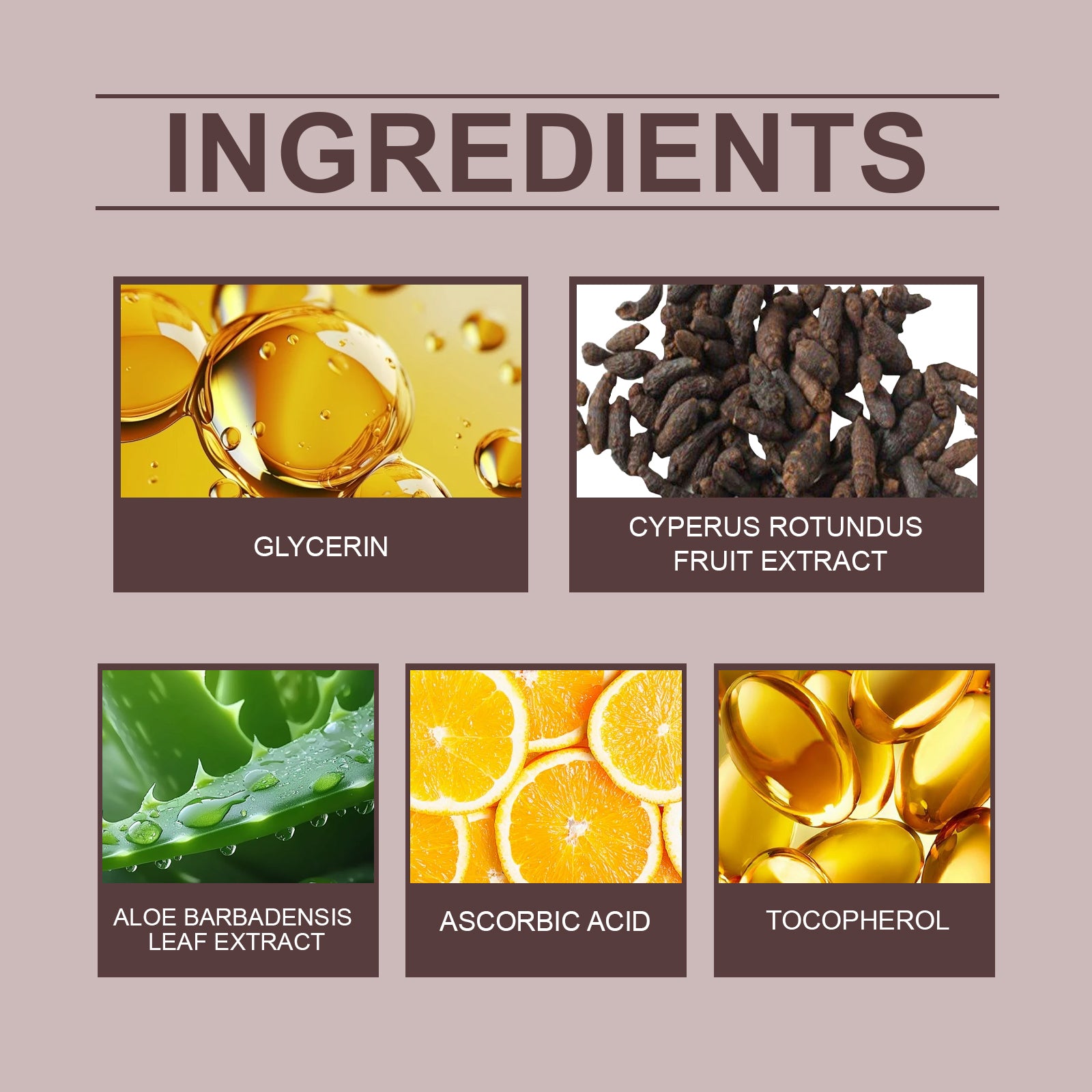 List of skincare ingredients with corresponding images and names on a beige background.