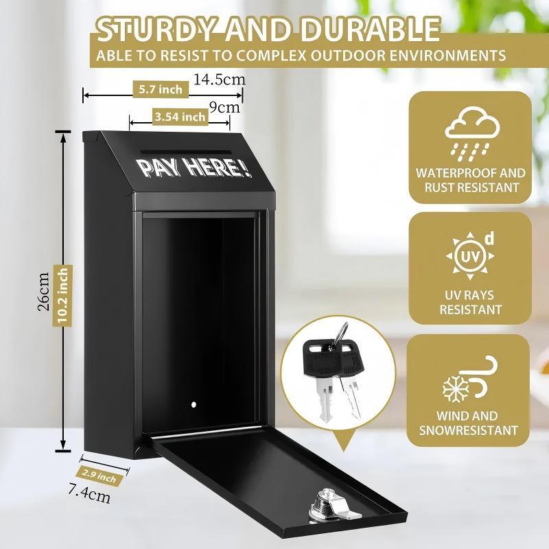 Black Wall Mounted Metal Coin Box With Key Lock, Suitable For Home Office Or Outdoor Donation Storage