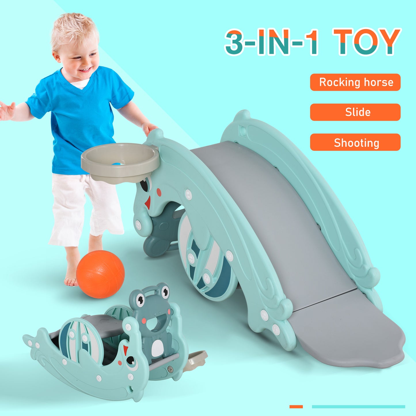 Child playing with a 3-in-1 toy set on a light blue background