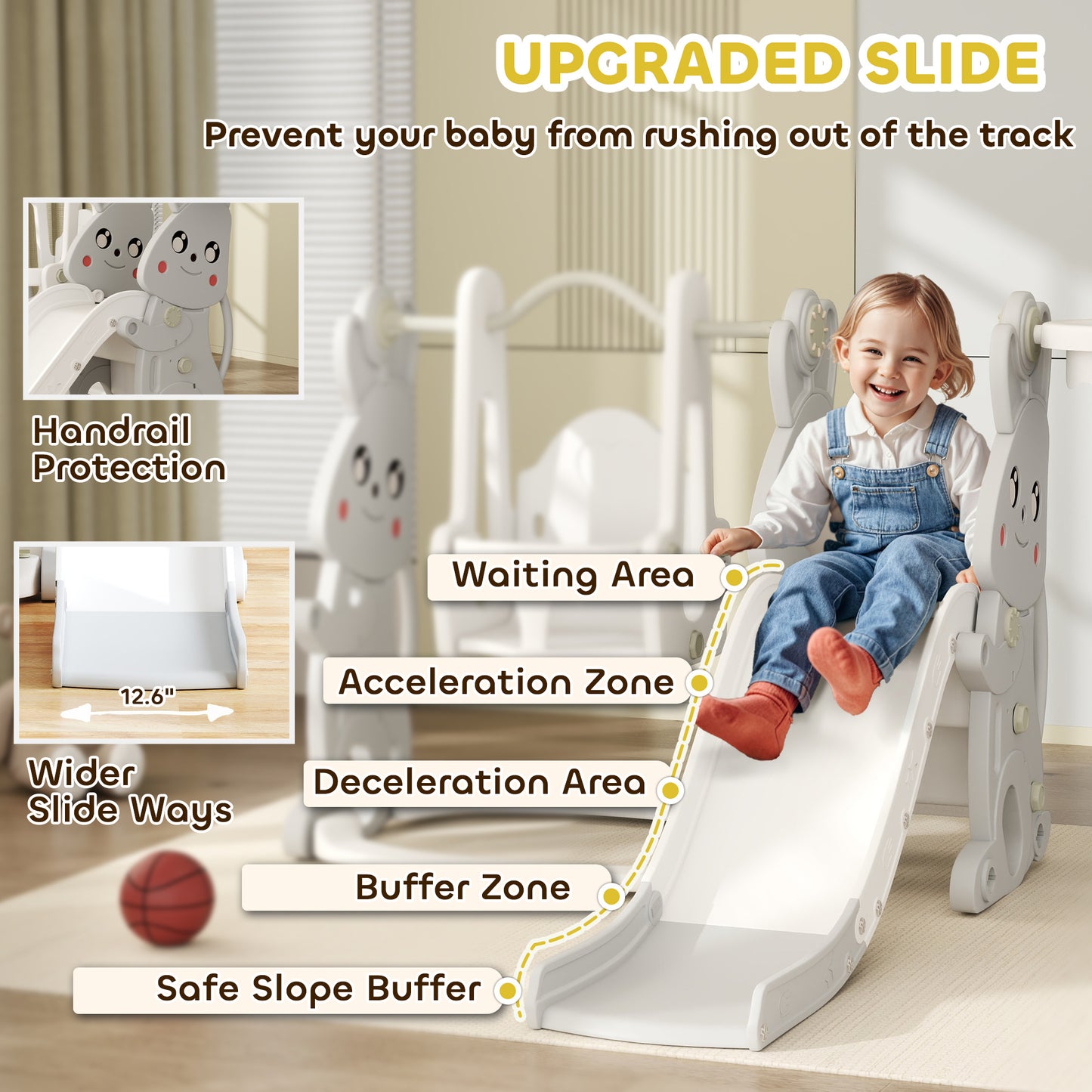 4 In 1 Toddler Slide And Swing Set With Climber, Basketball Hoop, Rabbit Themed Kids Playset For Ages 1.5-4, Gray