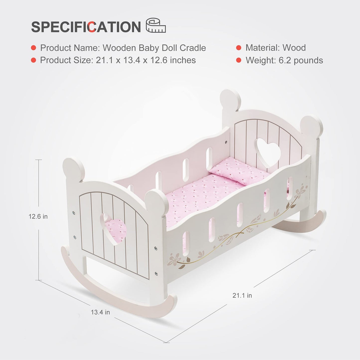 ROBOTIME Wooden Doll Cradle Rocking Baby Doll Crib Reversible Doll Bed For Dolls Girl,Fits Dolls Up To 18 Inches