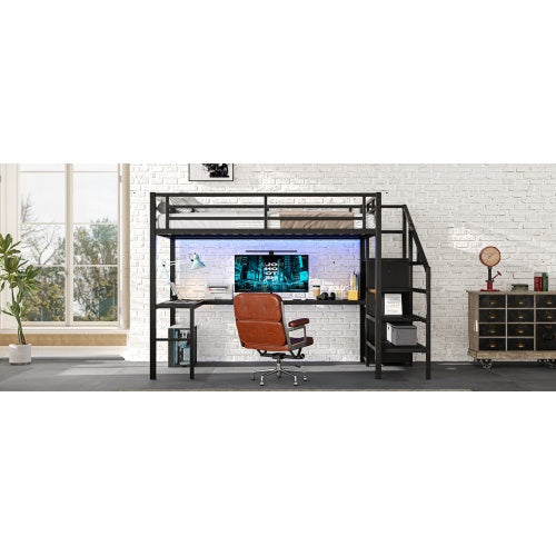 Full Size Loft Bed With L-shaped Desk And USB, Metal Loft Bed With Wardrobe And Adjustable Shelf, High Loft Bed With LED For Kids Teens Adults, Black