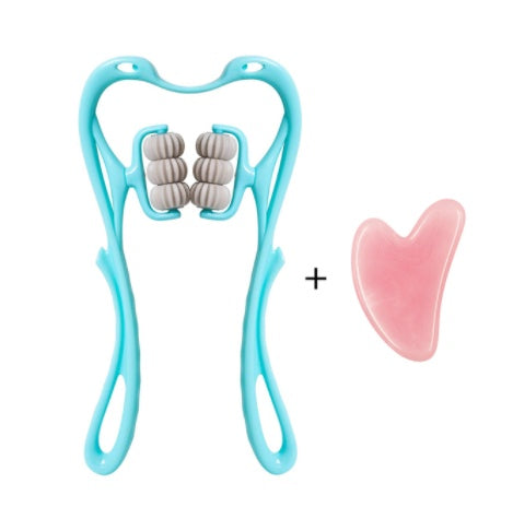 A person demonstrating the use of a turquoise blue neck massager tool with six rollers on the back of their neck.
