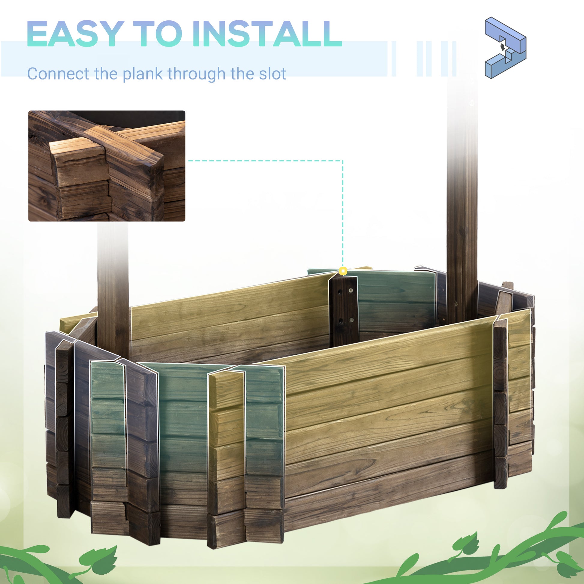 Wooden planter box with instructions on how to install planks, featuring a light green background.