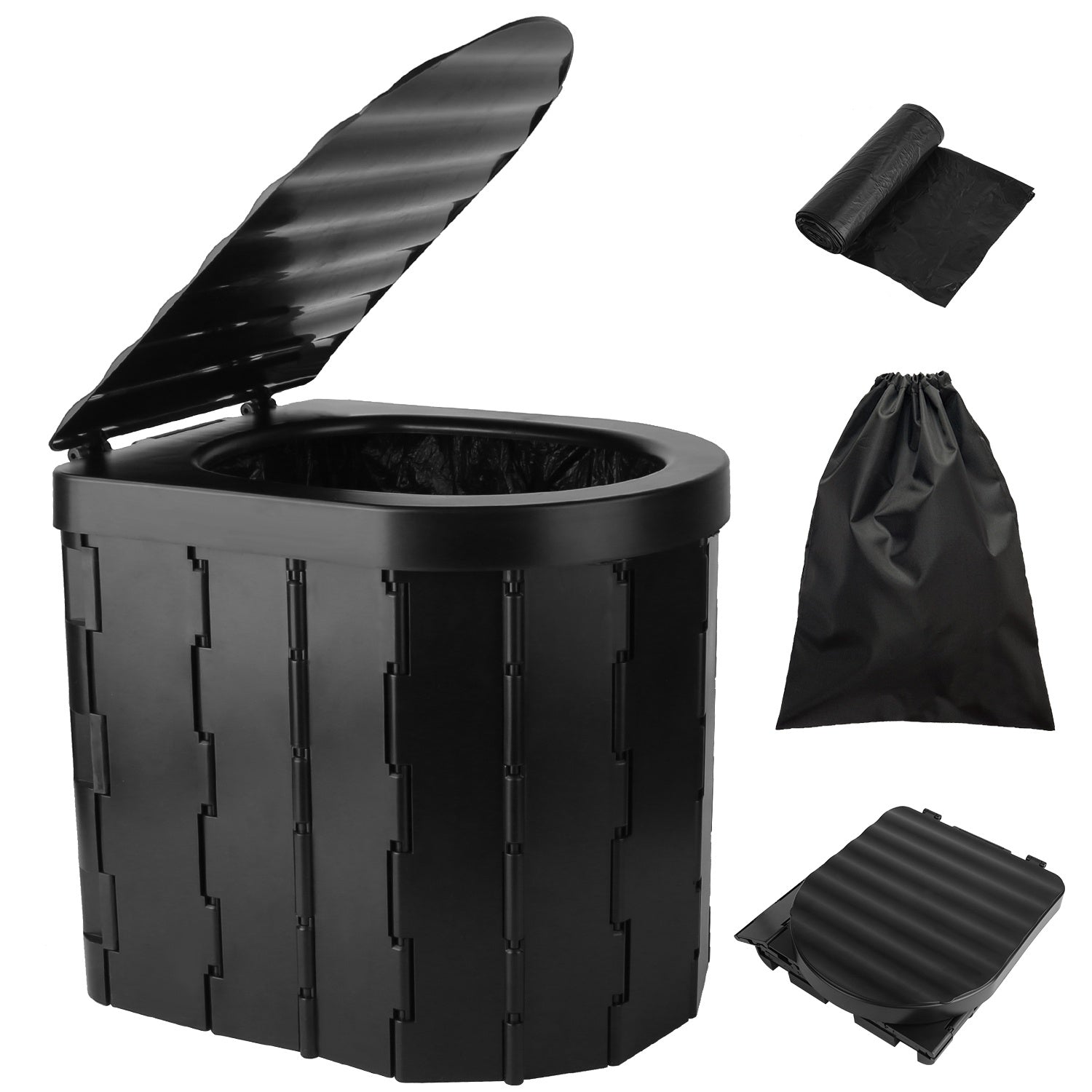 Black compost bin with lid and accessories on a white background