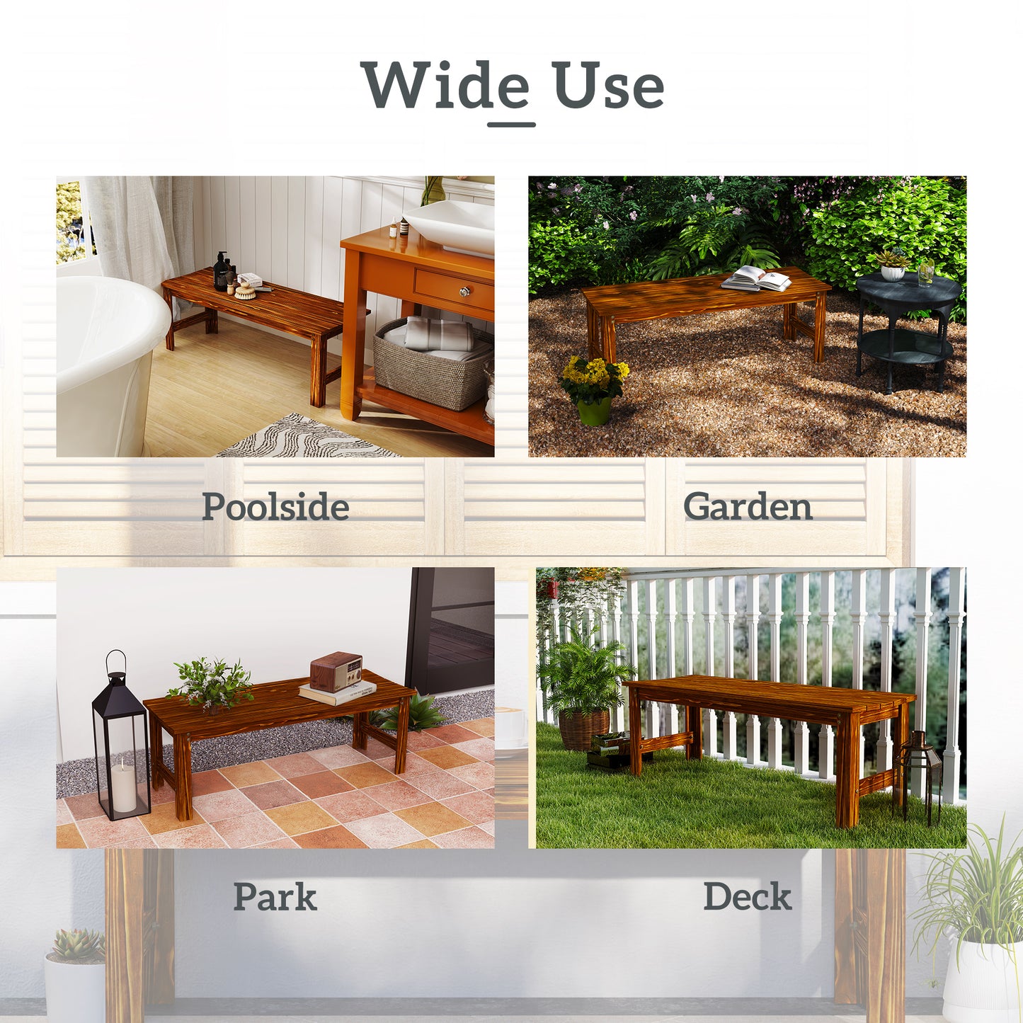 2-Seat Wood Garden Bench, Patio Bench Outdoor Bench With Slatted Seat, Backless Front Porch Bench For Park, Garden, Poolside, Deck, Carbonized