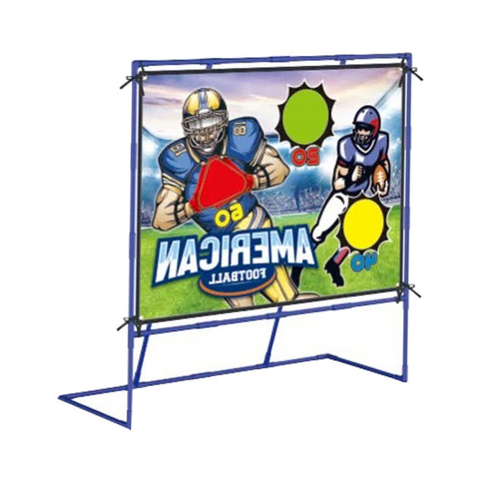 Outdoor game with two football players on a screen, surrounded by colorful graphics and text.