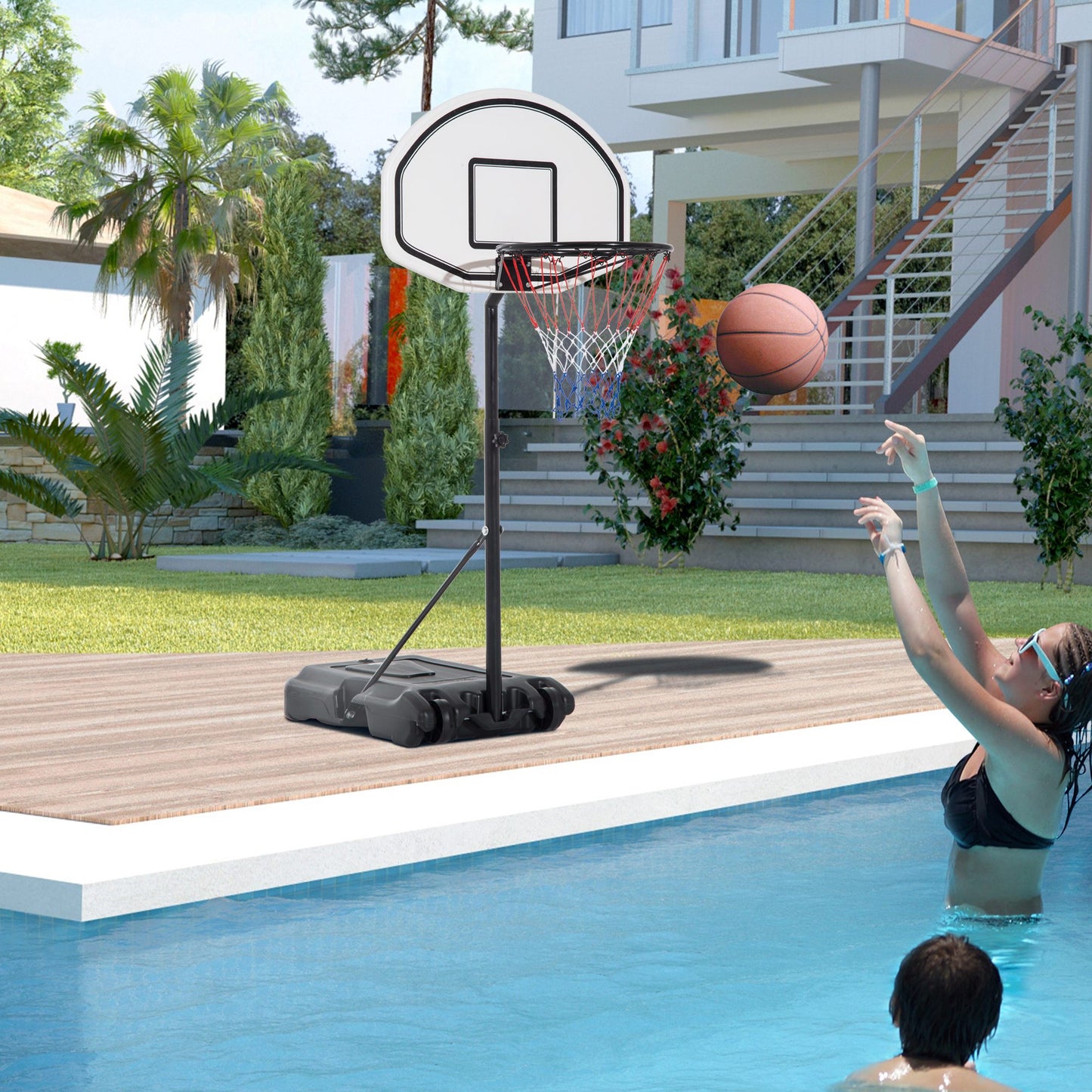 Basketball hoop by a pool with a person playing basketball