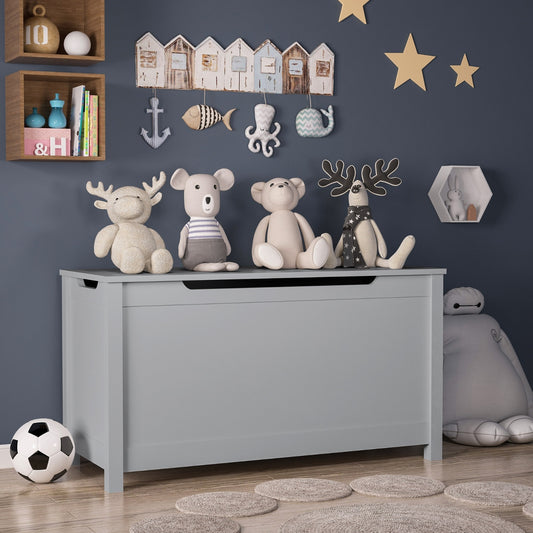 Kids Wooden Toy Box Storage With Safety Hinged Lid Gray