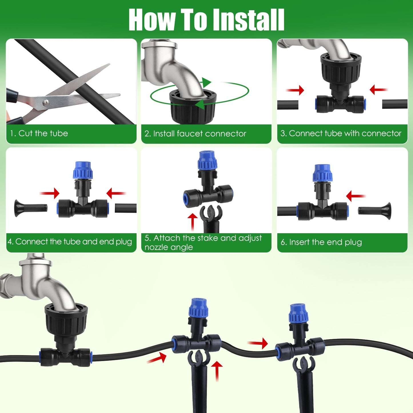 Step-by-step guide on how to install a faucet connector with illustrations and text.