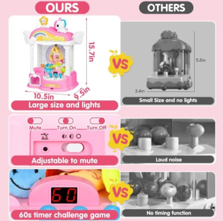 Pink Mini Claw Machine Unicorn Toy Suitable For Children Aged 6-8 Arcade Game Vending Machine, With LED Lights And Adjustable Sound Gift