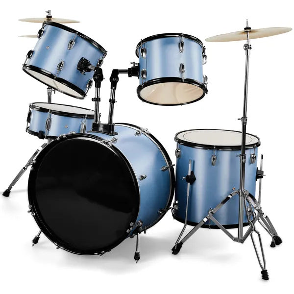 Full Size AdultDrum Set 5-Piece Blue With Bass Drum, Two Tom Drum, Snare Drum, Floor Tom, Stool, Drum Pedal, Sticks