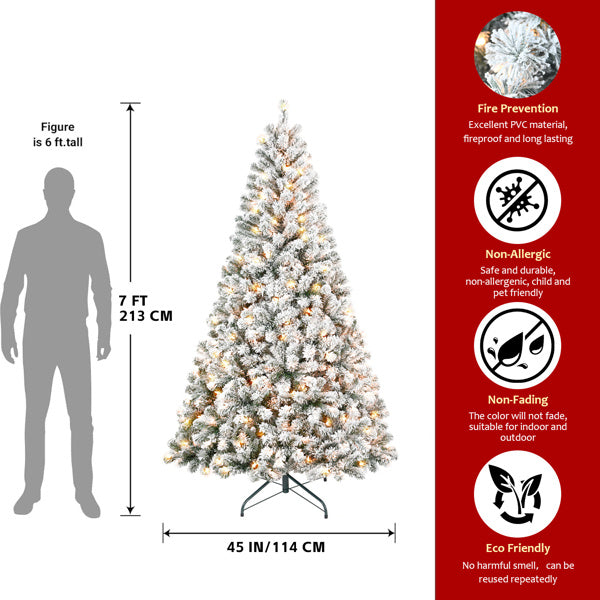 Artificial 7ft Flocked Christmas Tree With 1022 PVC Branch Tips, 350L Warm White Led, Round Head, Foldable Base For Indoor Holiday Decorating