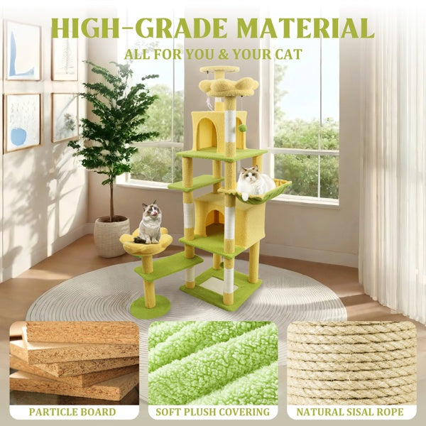 71 Inch Flower Cat Tree With Large Condo Removable Flower Cushion And Hammock Yellow