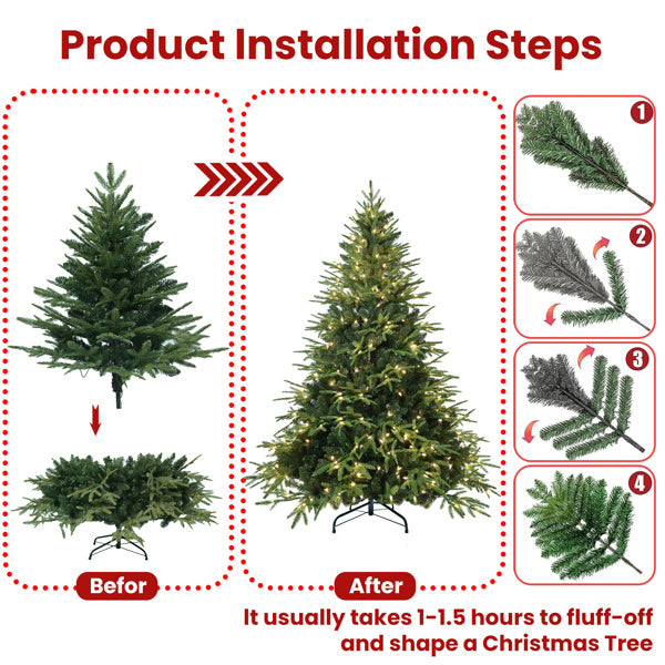 Artificial 7.5ft Green Christmas Tree With 3135 PE PVC Mixed Branch Tips, 650L Warm White Led, Steel Wire, Hinged Premium & Foldable Base For Indoor Holiday Decorating