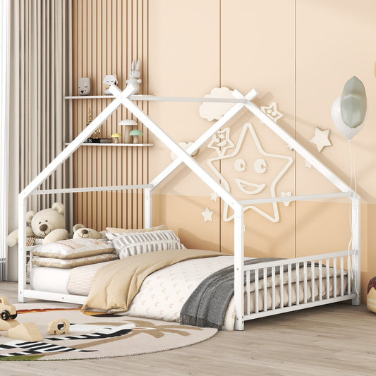 Full Size Metal House Montessori Bed, White