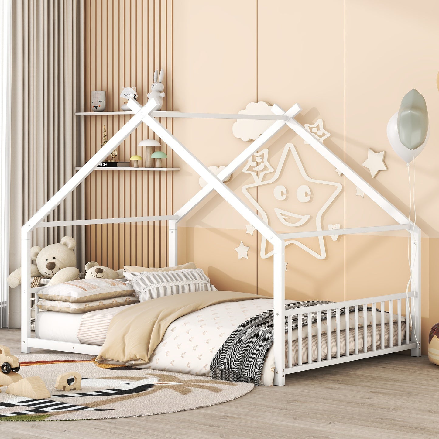Full Size Metal House Montessori Bed, White
