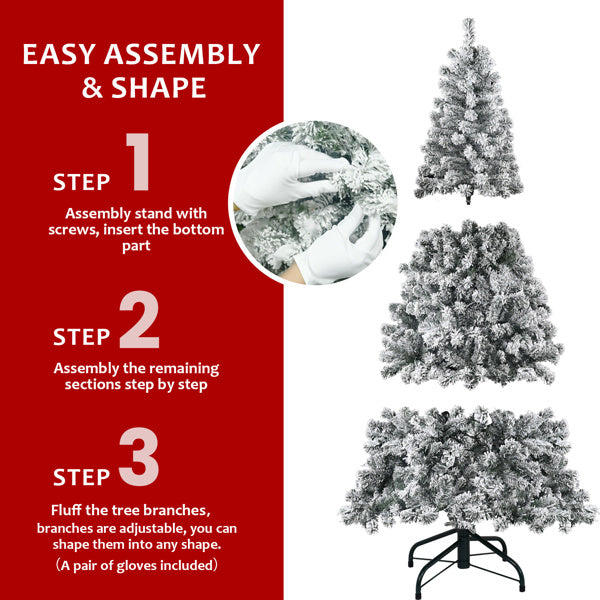 Artificial 6ft Flocked Christmas Tree With 678 PVC Branch Tips, Round Head, Foldable Base For Indoor Holiday Decorating