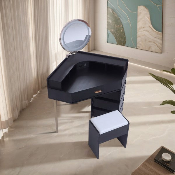 Black Dressing Table Stool Set, Movable Mirror, Tri Color Illuminated Mirror, Four Drawers, With Socket