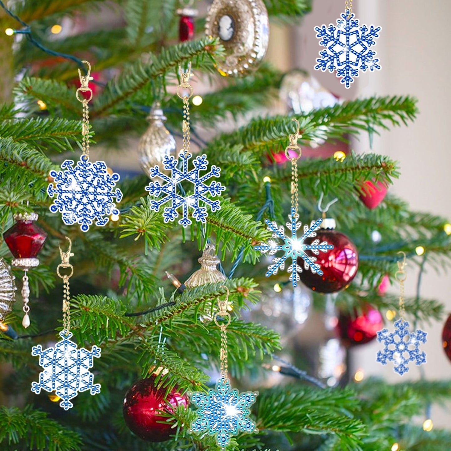 12 Packs Snowflake Rhinestones Painting Keychain Kits 12 Styles Snowflake Pendants DIY 5D Rhinestones Art Hanging Ornament For Xmas Tree Unique Double Sided Craft Party Favor Supplies