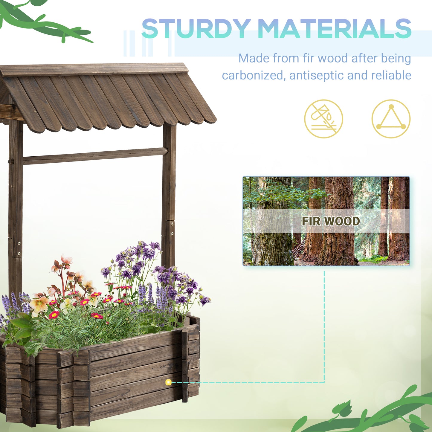 Wooden garden planter with flowers, labeled 'Sturdy Materials' made from fir wood.