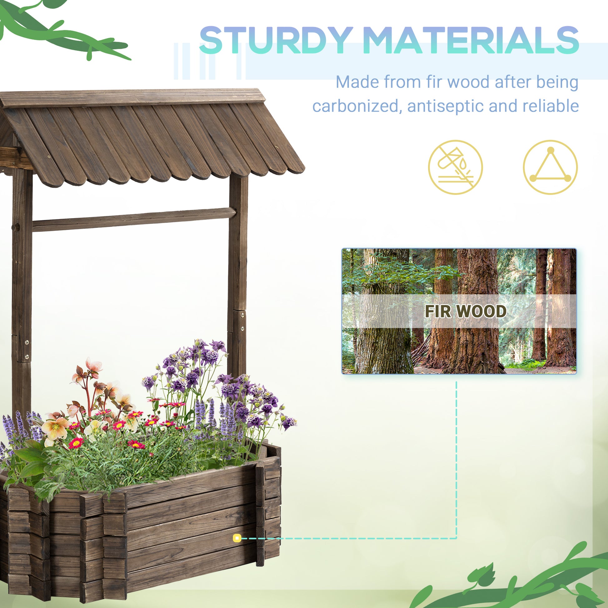 Wooden garden planter with flowers, labeled 'Sturdy Materials' made from fir wood.