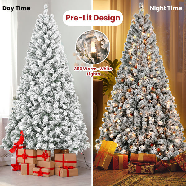 Artificial 7ft Flocked Christmas Tree With 1022 PVC Branch Tips, 350L Warm White Led, Round Head, Foldable Base For Indoor Holiday Decorating