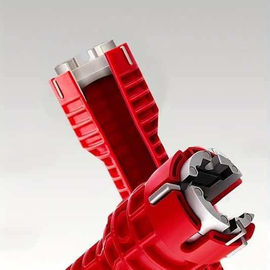 Red and silver tool on a light gray background