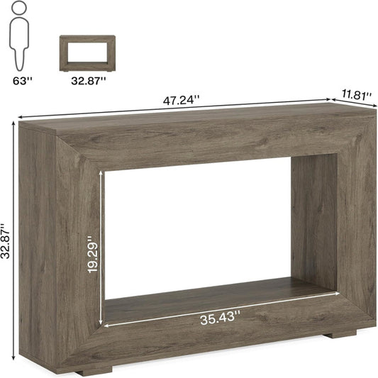 Wooden console table with dimensions on a white background