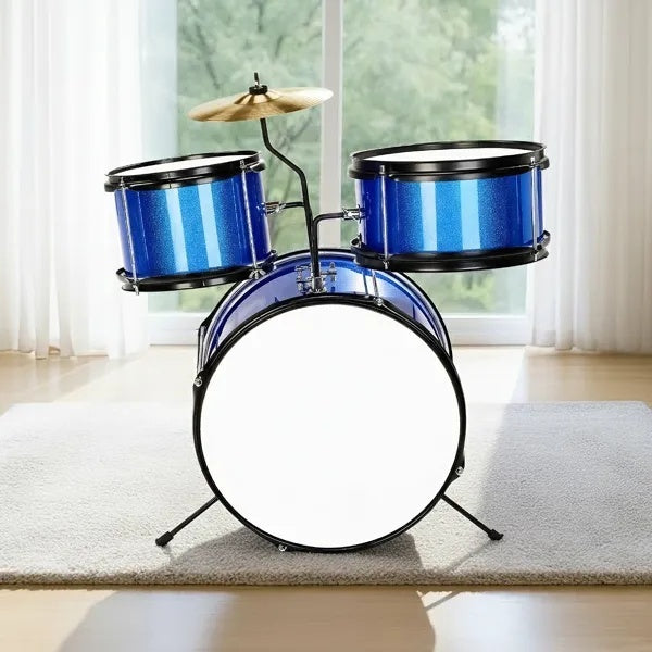 3-Pieces Junior Kids Drum Set Kit Pedal Drum Stick Wrench Drum Stool Dark Blue