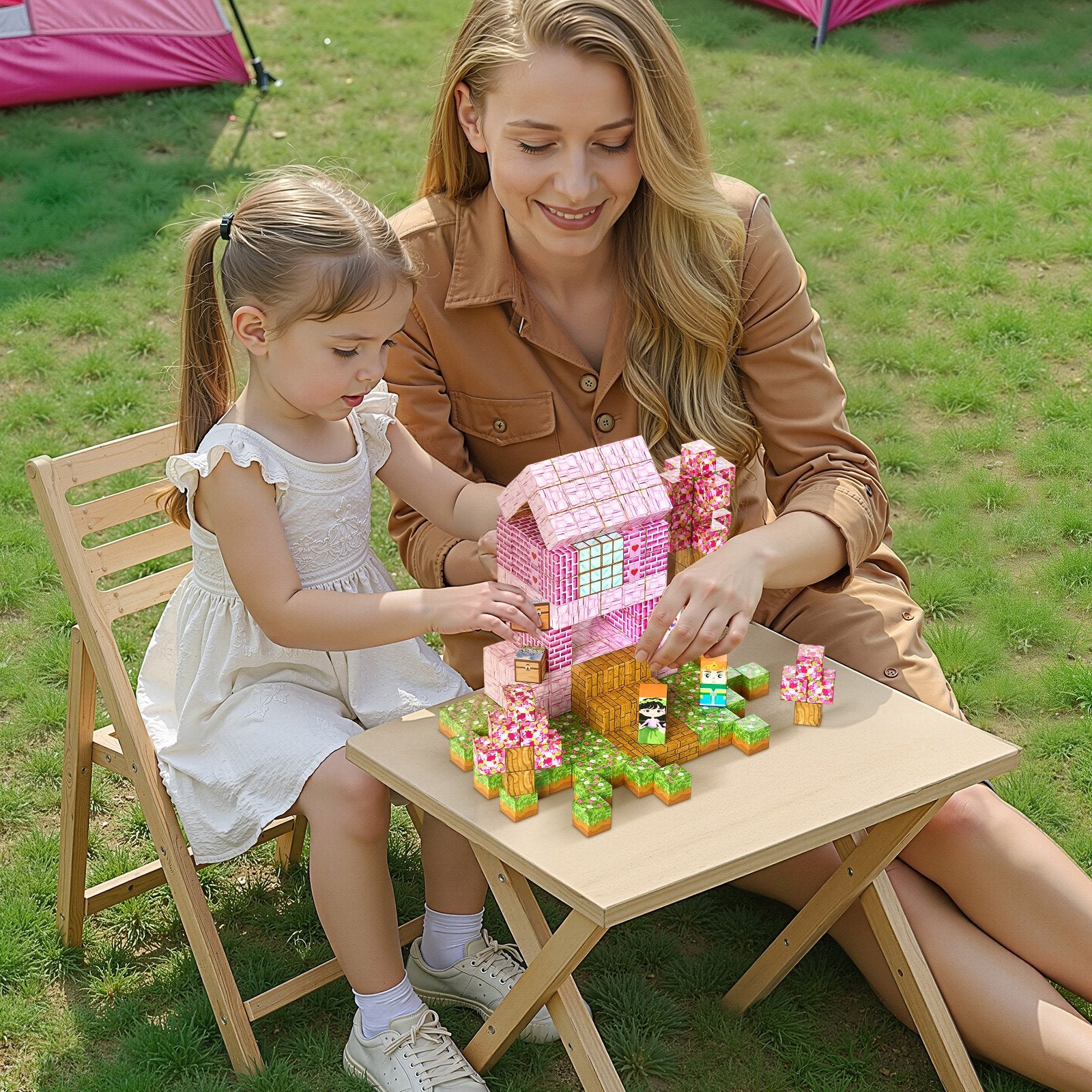 Woman and child playing with building blocks on a small table outdoors.