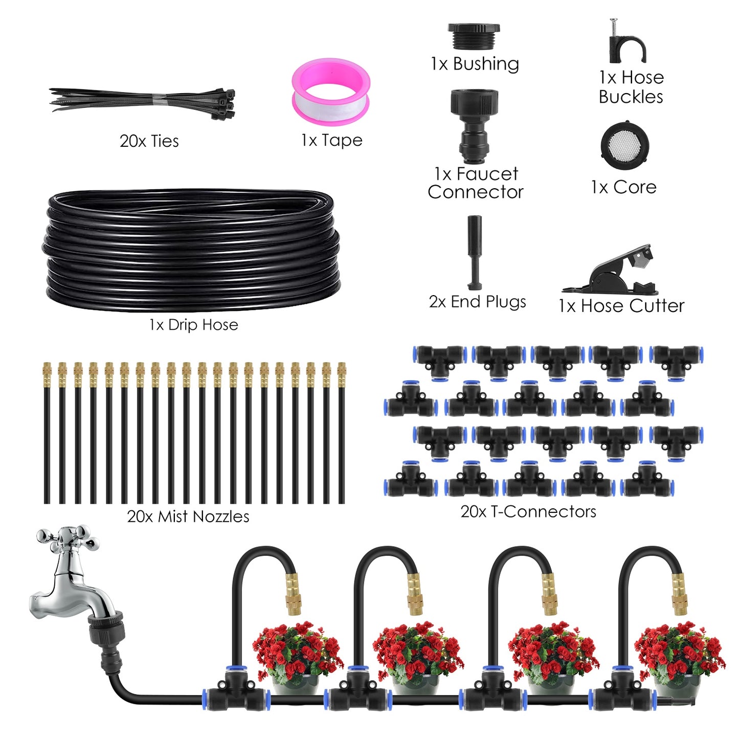 Collection of garden irrigation components including a drip hose, mist nozzles, and connectors on a white background.