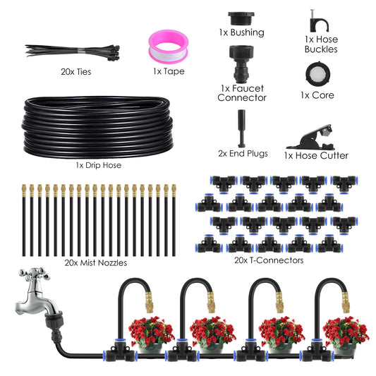 Collection of garden irrigation components including a drip hose, mist nozzles, and connectors on a white background.