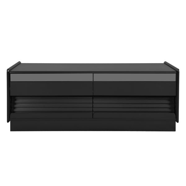 Modern Rectangle Coffee Table With 4 Drawers And 2 Display Shelves, Wood Coffee Table With Fluted Style, Tempered Glass For Living Room