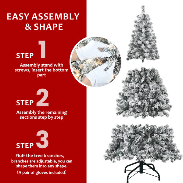 Artificial 7ft Flocked Christmas Tree With 1022 PVC Branch Tips, 350L Warm White Led, Round Head, Foldable Base For Indoor Holiday Decorating