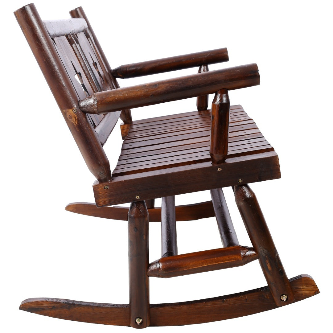 Outdoor Solid Wood Rocking Chair Bench Carbonized Double Rocking Chair For 2 People With Wide Curved Seat For Porch, Garden, Backyard, Rustic Brown