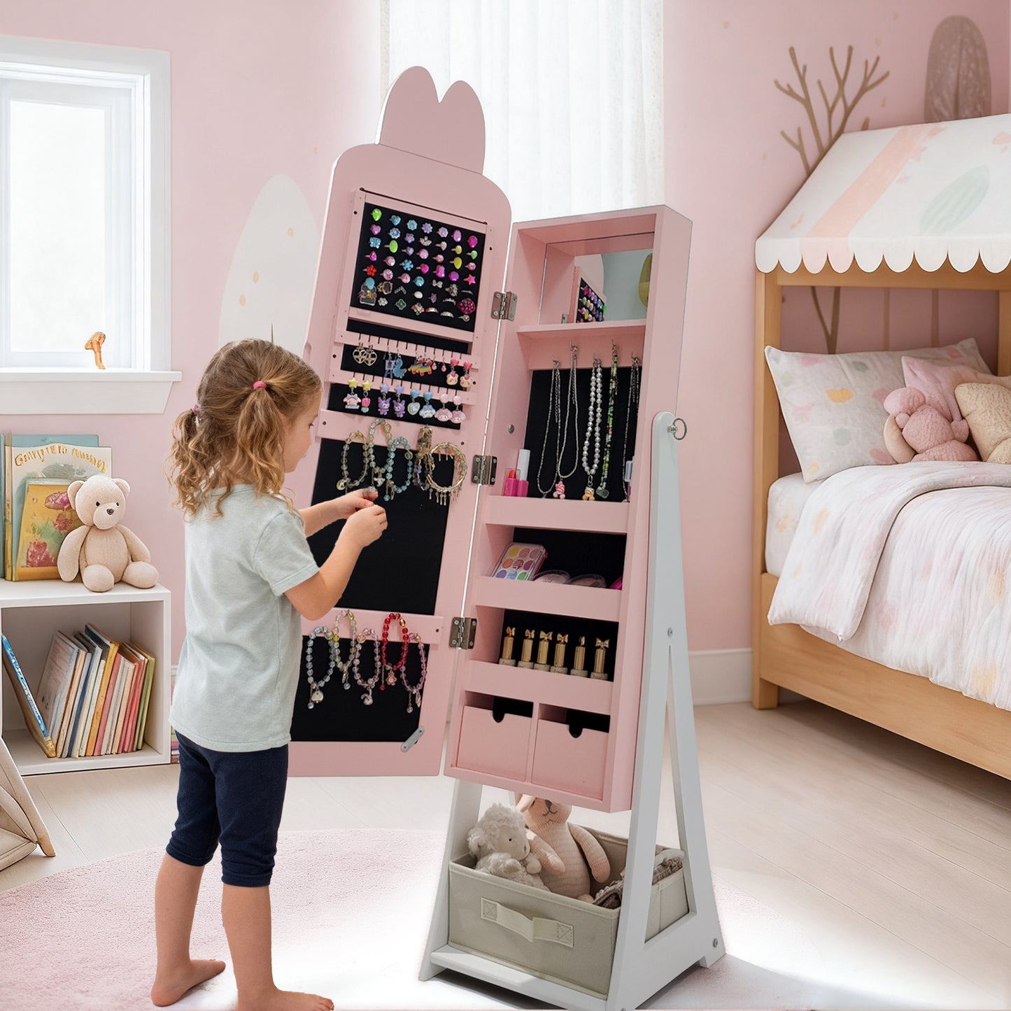 Jewelry Armoire Cabinet, Rabbit Themed Wooden Standing Jewelry Organizer W-Full-length Mirror And Storage Drawers, Children Dress Up Jewelry Cabinet For Little Girls Pink