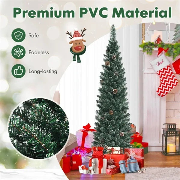 5FT Green Artificial Christmas Tree - 214 Lush Tips, 25 Realistic Pine Cones, Foldable Metal Stand